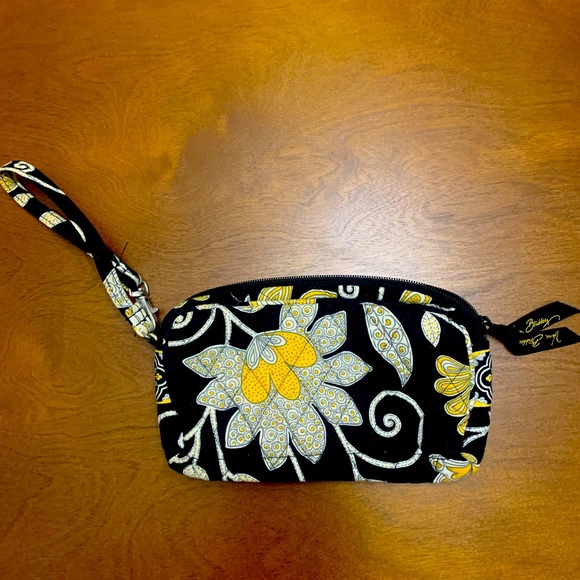 Quilted Black Vera Bradley Wristlet with White/Yellow Floral and Bird Pattern - Picture 1 of 6